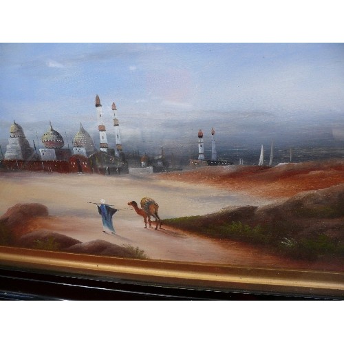 161 - Pair of 1920's or 30's original oil paintings on board of desert scenes with camels and minarets, by... 