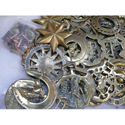 358 - Crate of over 60 single horse brasses, cast and stamped, some 19th Century.