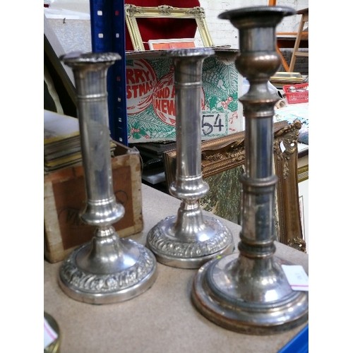 130 - Antique silverplated candlesticks including a pair and a single Victorian telescopic candlestick