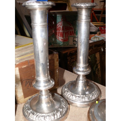 130 - Antique silverplated candlesticks including a pair and a single Victorian telescopic candlestick