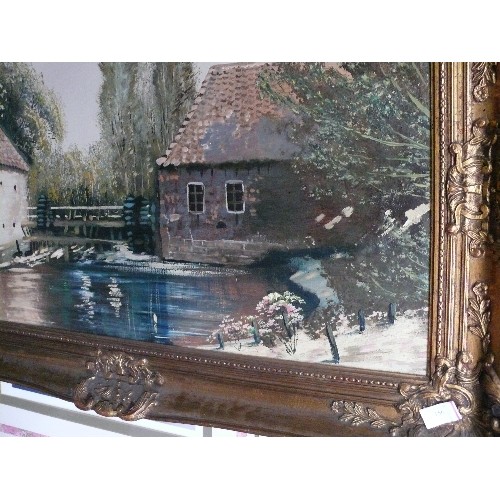 156 - Large Oil Painting on canvas of a mill scene - late 20th Century - Ornate gilt frame - 100cm x 58cm