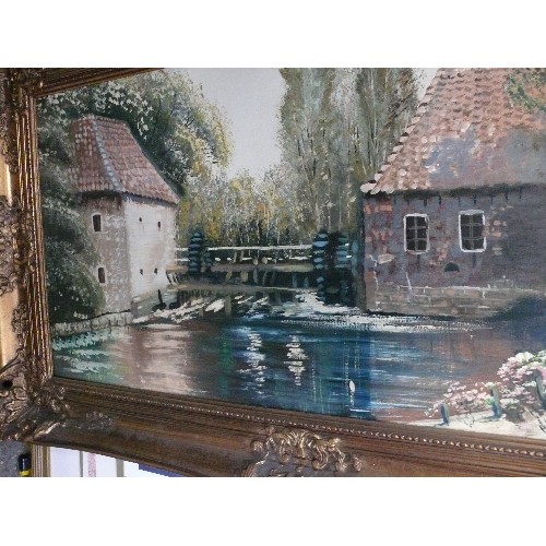 156 - Large Oil Painting on canvas of a mill scene - late 20th Century - Ornate gilt frame - 100cm x 58cm