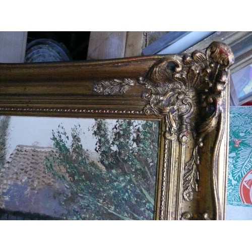 156 - Large Oil Painting on canvas of a mill scene - late 20th Century - Ornate gilt frame - 100cm x 58cm