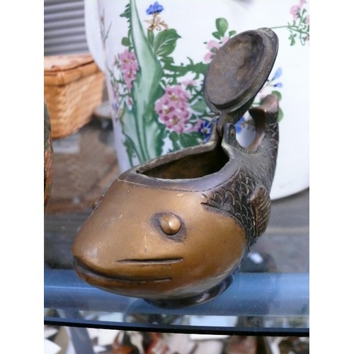 195 - An unusual antique heavy patinated bronze fish vessel with opening fin lid, probably Chinese - 18cm