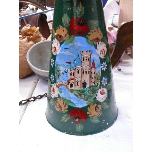 250 - Two vintage hand painted barge ware jugs. The largest painted with a castle and bridge - 36cm.