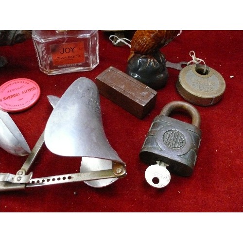 138 - A mixed vintage lot including 3 padlocks with keys by Chubb, Yale and Union, a carved hardwood rhino... 