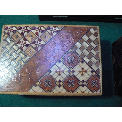 1 - Three vintage wooden boxes including two Japanese puzzle boxes, one of which has intricate marquetry... 