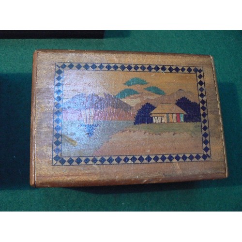 1 - Three vintage wooden boxes including two Japanese puzzle boxes, one of which has intricate marquetry... 