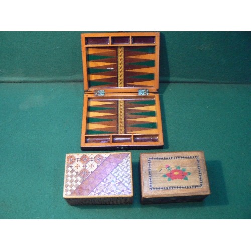 1 - Three vintage wooden boxes including two Japanese puzzle boxes, one of which has intricate marquetry... 