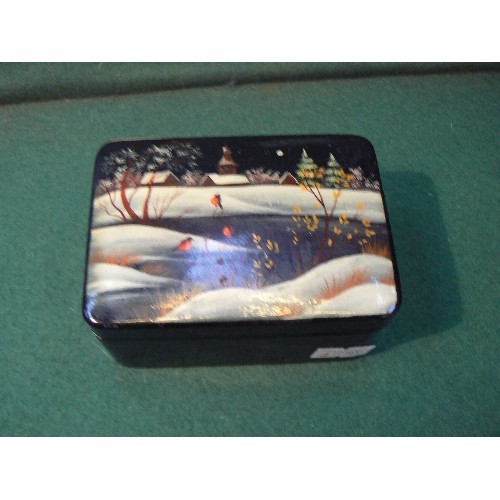 2 - A mid 20th Century Eastern European lacquered papier mache box, hand painted with a winter scene