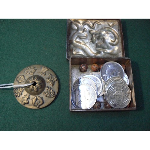 3 - Vintage tin with Chinese dragon design to lid containing a set of 12 Chinese Zodiac animal coins & s... 