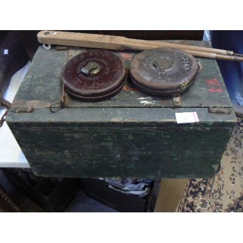 237 - An antique pine box or wall cupboard with old hinges & contents of tools together with an LNER tape ... 