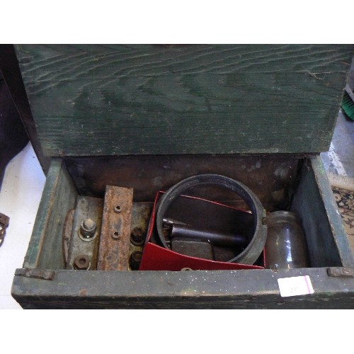 237 - An antique pine box or wall cupboard with old hinges & contents of tools together with an LNER tape ... 