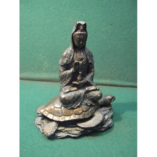 220 - A patinated cold cast bronze resin statue of the Bodhisattva Guanyin on the back of a turtle - assoc... 