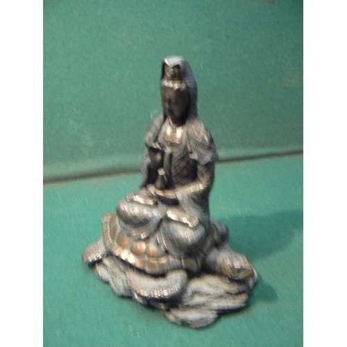 220 - A patinated cold cast bronze resin statue of the Bodhisattva Guanyin on the back of a turtle - assoc... 