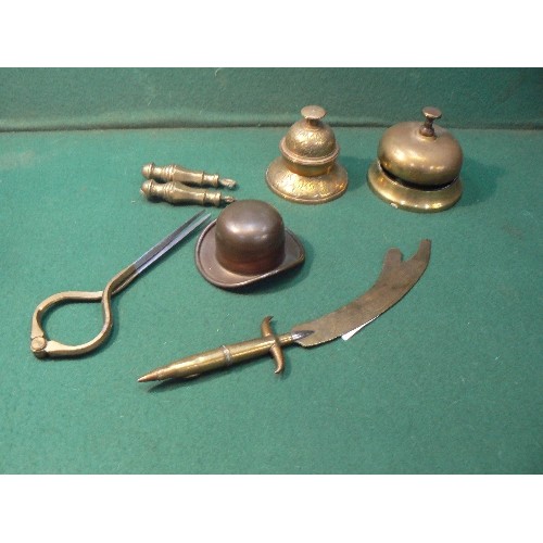 136 - Vintage brass & metalware including a trench art paper knife with bullet handle, a shop bell, an Ind... 