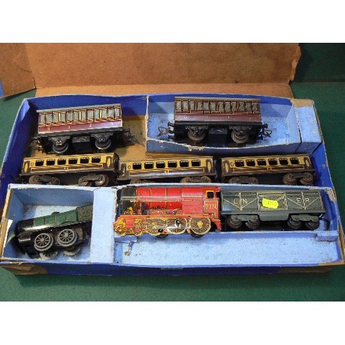 242 - Vintage Hornby Meccano tinplate train set with 2 locomotives, 5 carriages including 2 with LMS logo ... 