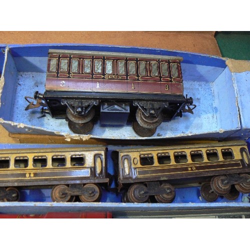 242 - Vintage Hornby Meccano tinplate train set with 2 locomotives, 5 carriages including 2 with LMS logo ... 