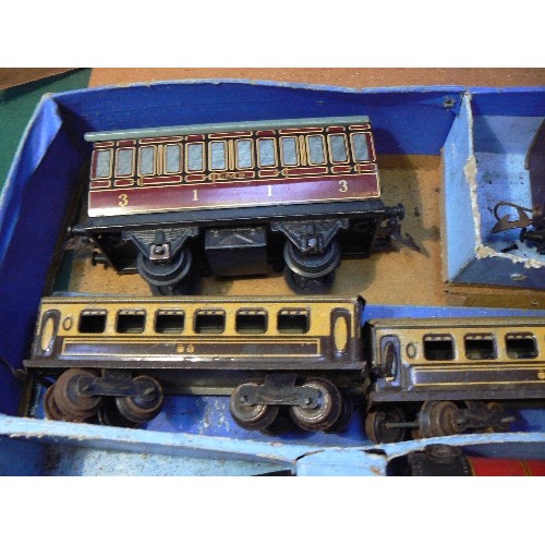 242 - Vintage Hornby Meccano tinplate train set with 2 locomotives, 5 carriages including 2 with LMS logo ... 