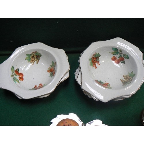 107 - Vintage Soho Pottery Solian ware set of 6 dessert bowls decorated with fruit, a three piece ceramic ... 