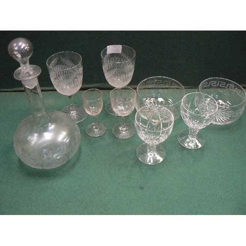 100 - Selection of 19th Century & later glass including an etched decanter, a pair of large goblets etched... 