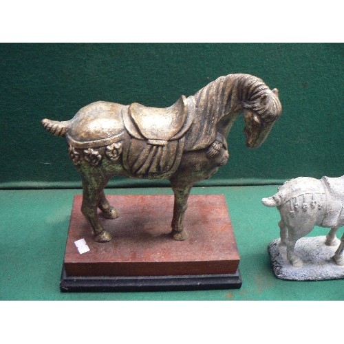 81 - Gilt metal figure of a Tang Dynasty style horse on a wooden stand - heavy piece -30cm h, together wi... 