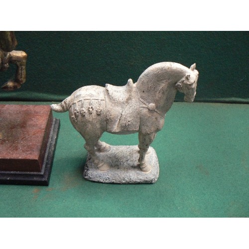 81 - Gilt metal figure of a Tang Dynasty style horse on a wooden stand - heavy piece -30cm h, together wi... 