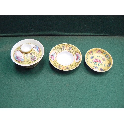 196 - Fine quality Chinese Famille jaune porcelain bowl, cover and dish and a small dish with raised ename... 