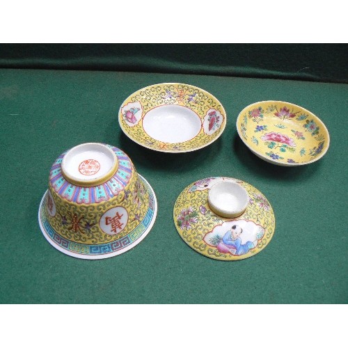 196 - Fine quality Chinese Famille jaune porcelain bowl, cover and dish and a small dish with raised ename... 