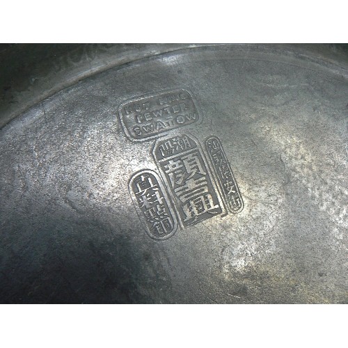 198 - A late 19th Century Chinese pewter tray engraved with a dragon design, with marks for Master Kut Hin... 