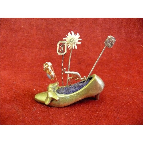 59A - Vintage brass shoe pincushion with Antique & Vintage stick pins including 2 Victorian gold metal (un... 