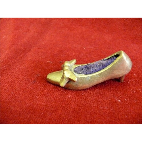 59A - Vintage brass shoe pincushion with Antique & Vintage stick pins including 2 Victorian gold metal (un... 