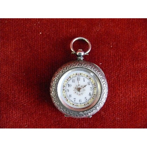 28B - An antique Swiss ladies silver pocket watch, the enamelled dial with gilt & jewelled decoration. 2 b... 