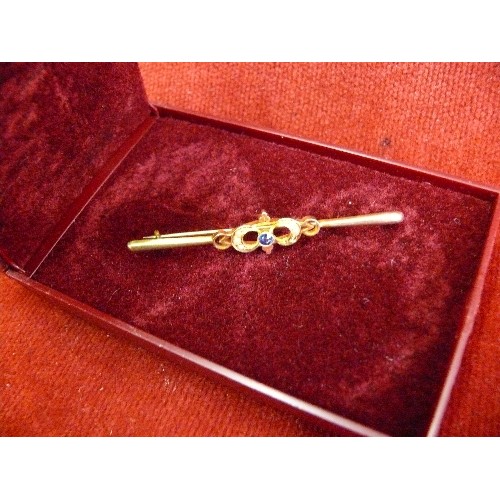 22 - 15ct Gold Victorian bar brooch, crescent design with pearls and central sapphire. (Missing 2 seed pe... 