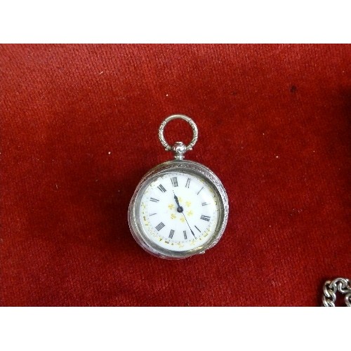 28A - An antique continental silver pocket watch, the enamel dial with gilt decoration, together with a si... 