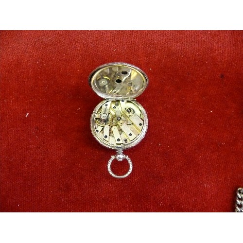 28A - An antique continental silver pocket watch, the enamel dial with gilt decoration, together with a si... 