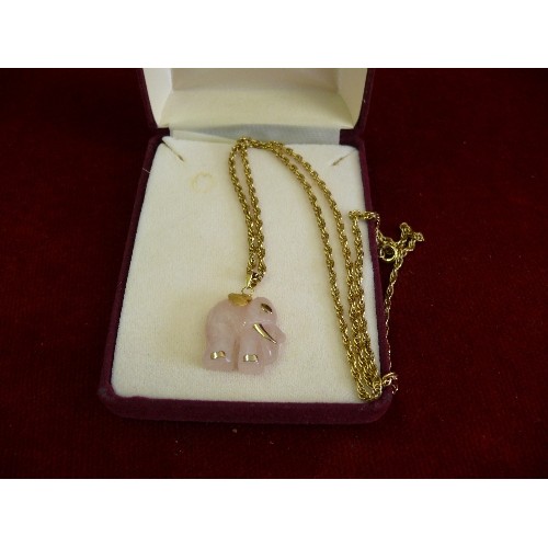 71 - Rose quartz elephant pendant on gold plated chain