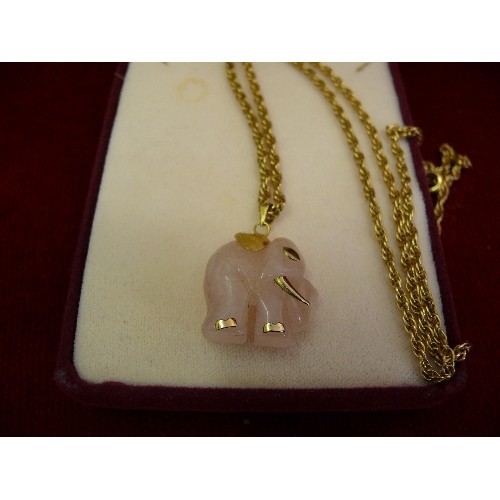 71 - Rose quartz elephant pendant on gold plated chain