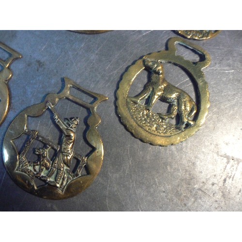 354 - An oversized horse brass with horse head centre and 9 X hunting themed brasses.