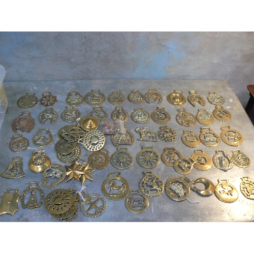 358 - Crate of over 60 single horse brasses, cast and stamped, some 19th Century.