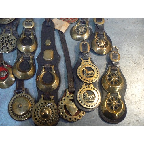 366 - 21 X face piece and display straps all with either single or double horse brasses. Mostly antique an... 