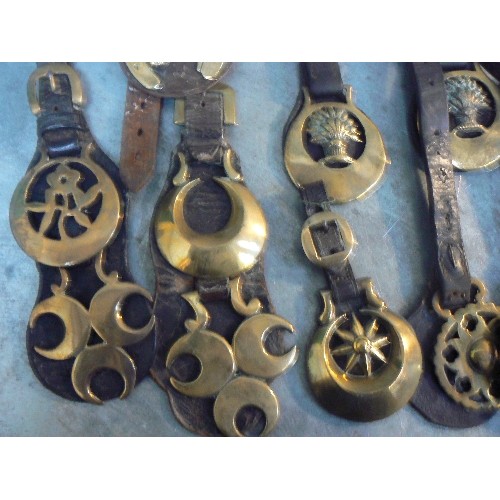 370 - 25 X face piece straps with single & double horse brasses - many antique.