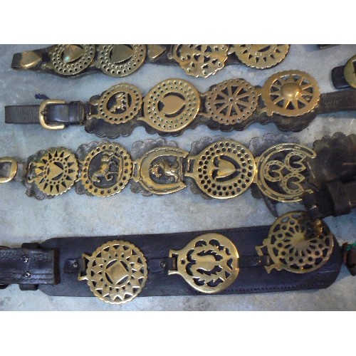 378 - 10 good martingale and display straps with mostly 19th and early 20th century horse brasses. Include... 