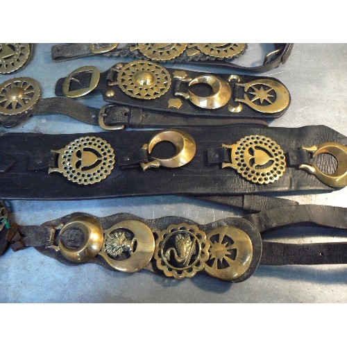 378 - 10 good martingale and display straps with mostly 19th and early 20th century horse brasses. Include... 