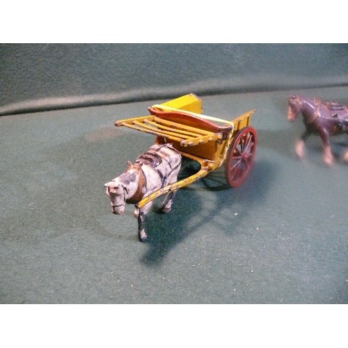 246A - A pre war Britains lead farm wagon & horse and a John Hill horse and Tumbrel cart. Dinky Motocart