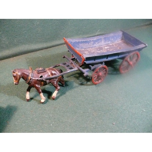 246A - A pre war Britains lead farm wagon & horse and a John Hill horse and Tumbrel cart. Dinky Motocart