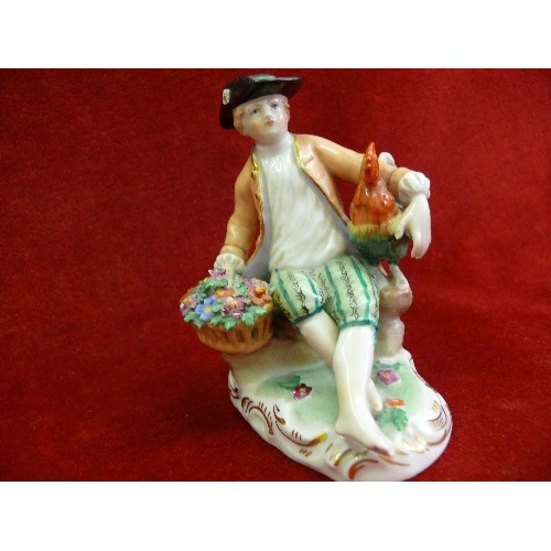 8 - Pair of early 20th Century Meissen porcelain figures of a man and woman with baskets and chickens 