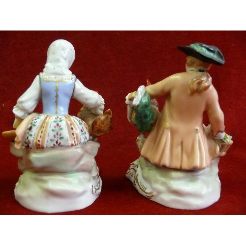 8 - Pair of early 20th Century Meissen porcelain figures of a man and woman with baskets and chickens 