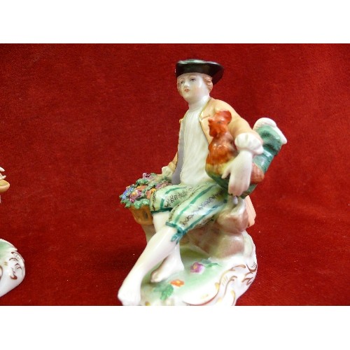 8 - Pair of early 20th Century Meissen porcelain figures of a man and woman with baskets and chickens 