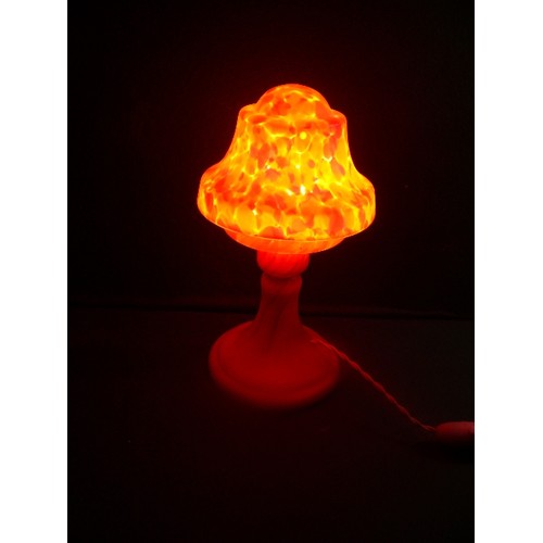 112 - An Art Deco orange spatter glass table lamp by Kralik Bohemia, 28cm H